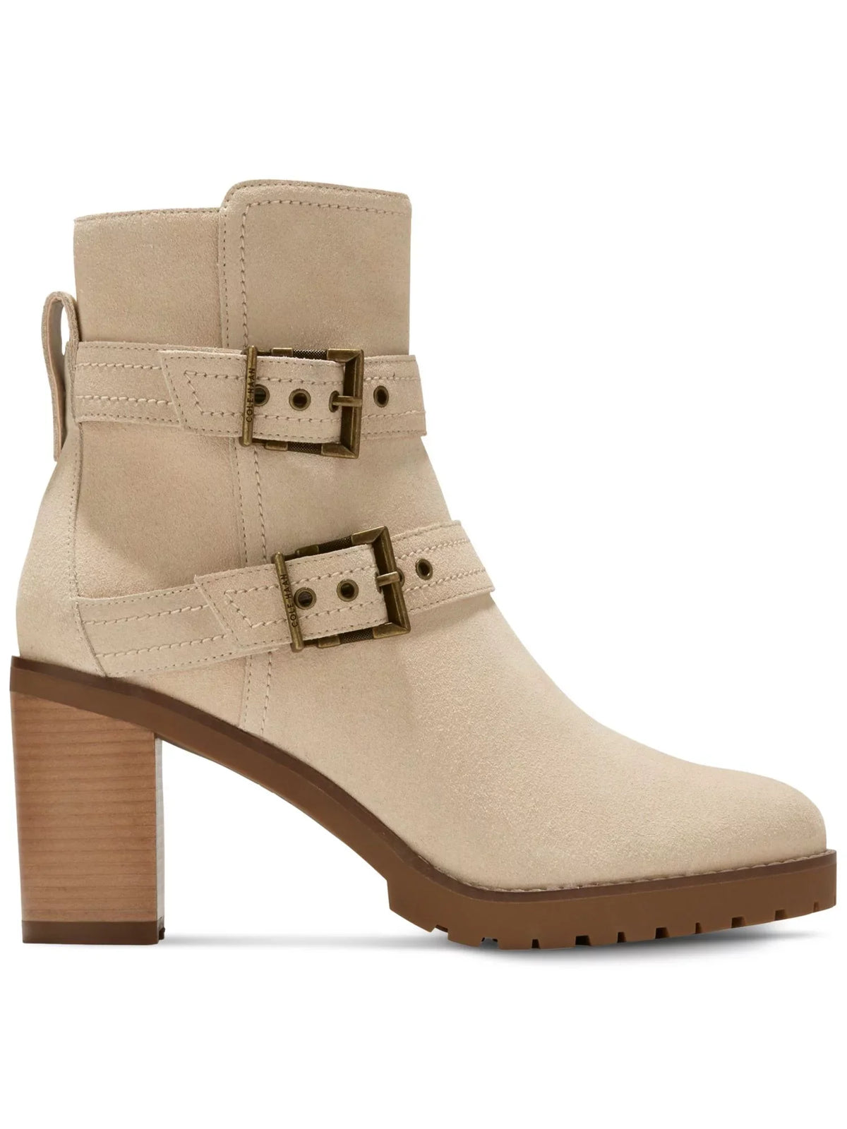 Womens Beige Zipper Accent Foster Almond Toe Stacked Heel Zip-Up Leather Heeled Boots 5.5 B