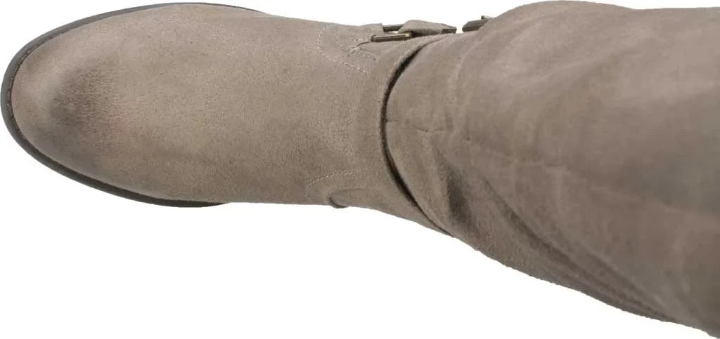 Womens Beige Studded Stretch Gore Cushioned Wide Calf Ruched Buckle Accent Liona Round Toe Block Heel Zip-Up Riding Boot 5 M