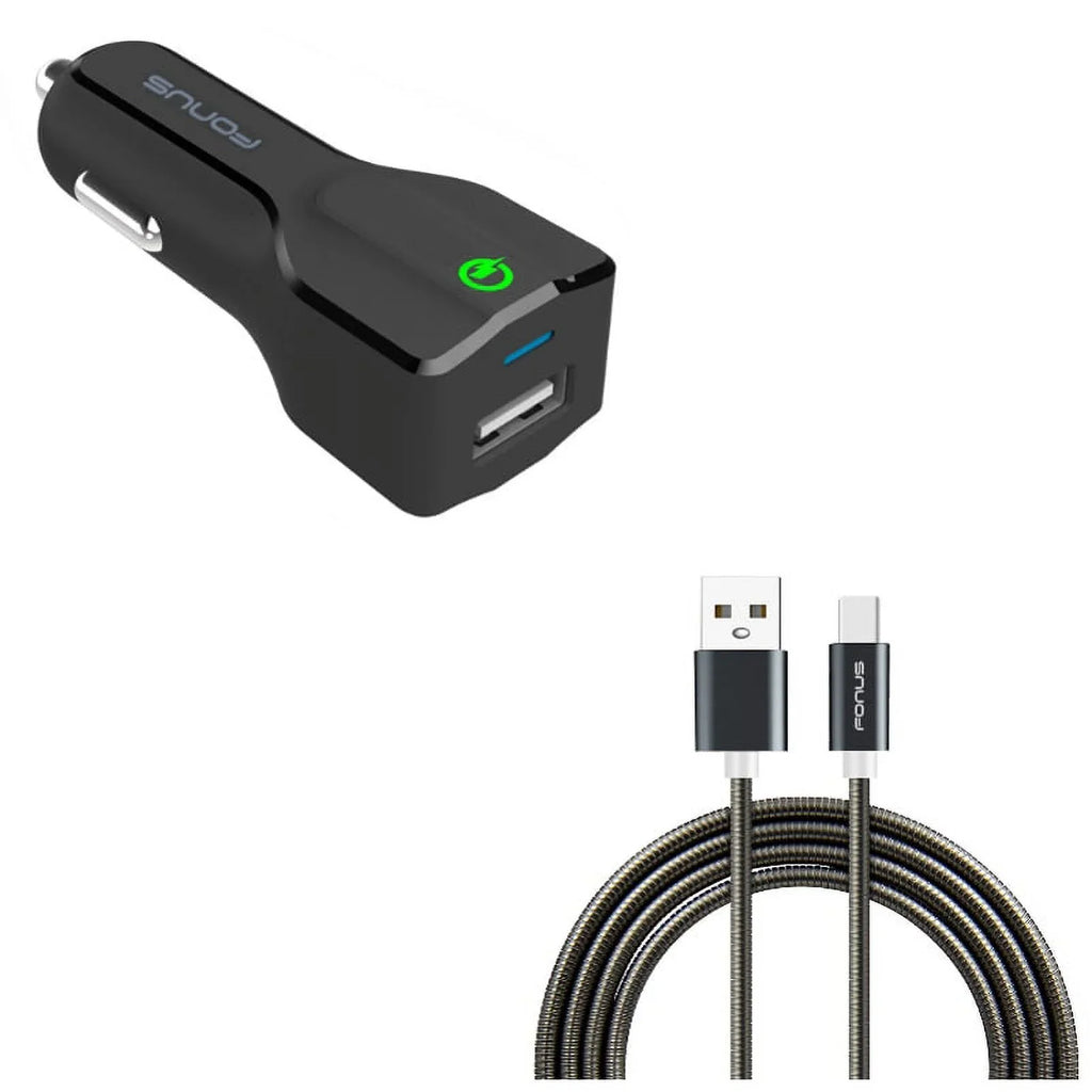 Type-C 3ft Metal  Cable w  Port Fast 18W Car Charger G4M for Samsung Galaxy Tab S3 9.7 S9 Plus, S8+ S8, S10e S10 Plus active 5G Note 9 8 10 Plus A9 A50 A20 A10e - Sonim XP8 XP3