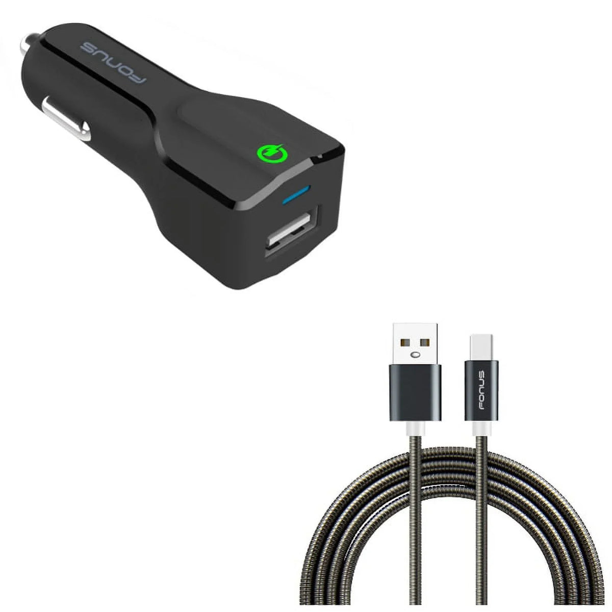 Type-C 3ft Metal  Cable w  Port Fast 18W Car Charger G4M for Samsung Galaxy Tab S3 9.7 S9 Plus, S8+ S8, S10e S10 Plus active 5G Note 9 8 10 Plus A9 A50 A20 A10e - Sonim XP8 XP3