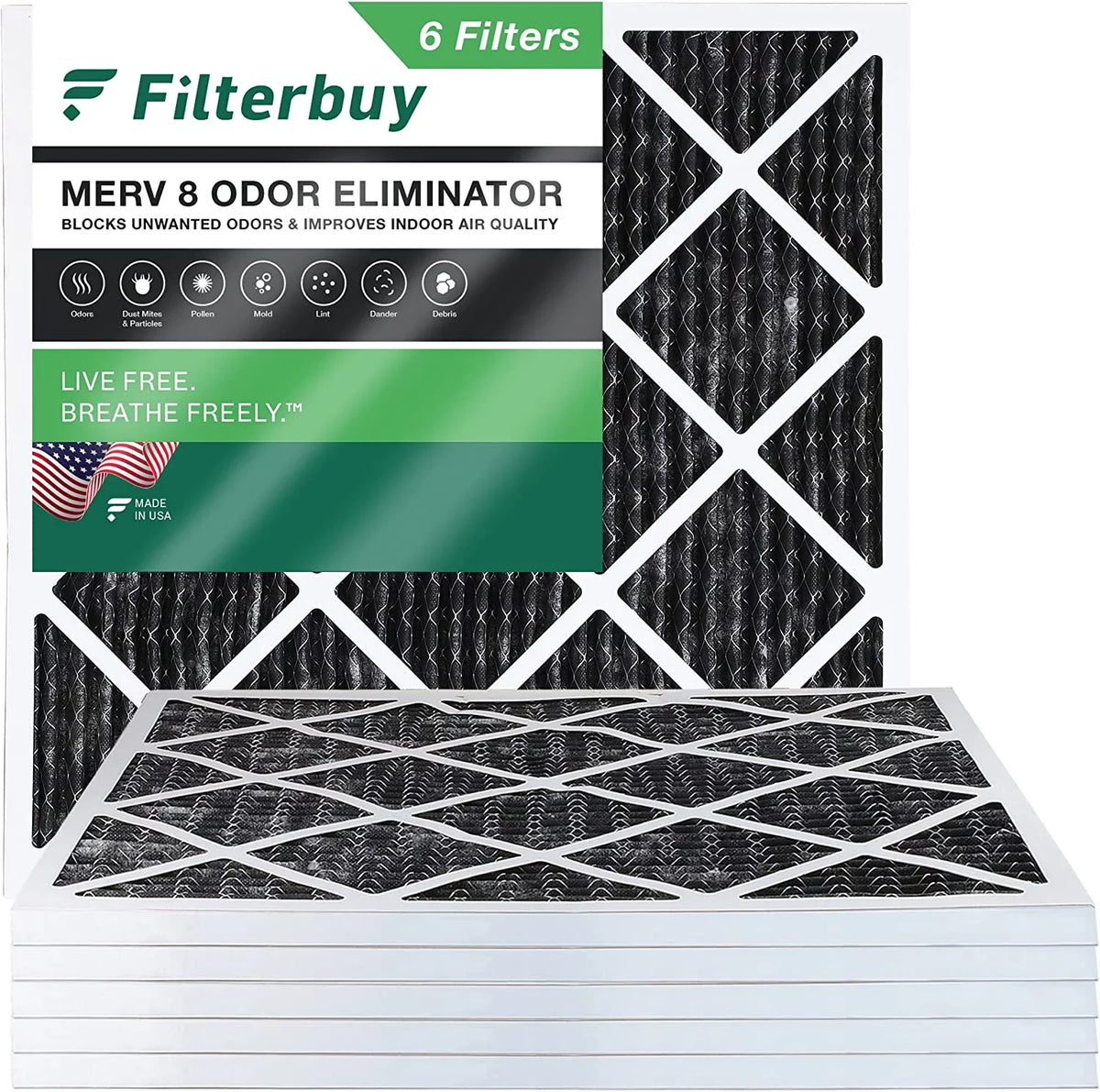 Filterbuy 18x18x1  8 Odor Eliminator Pleated   Furnace Air Filters with Activated Carbon (6-Pack)