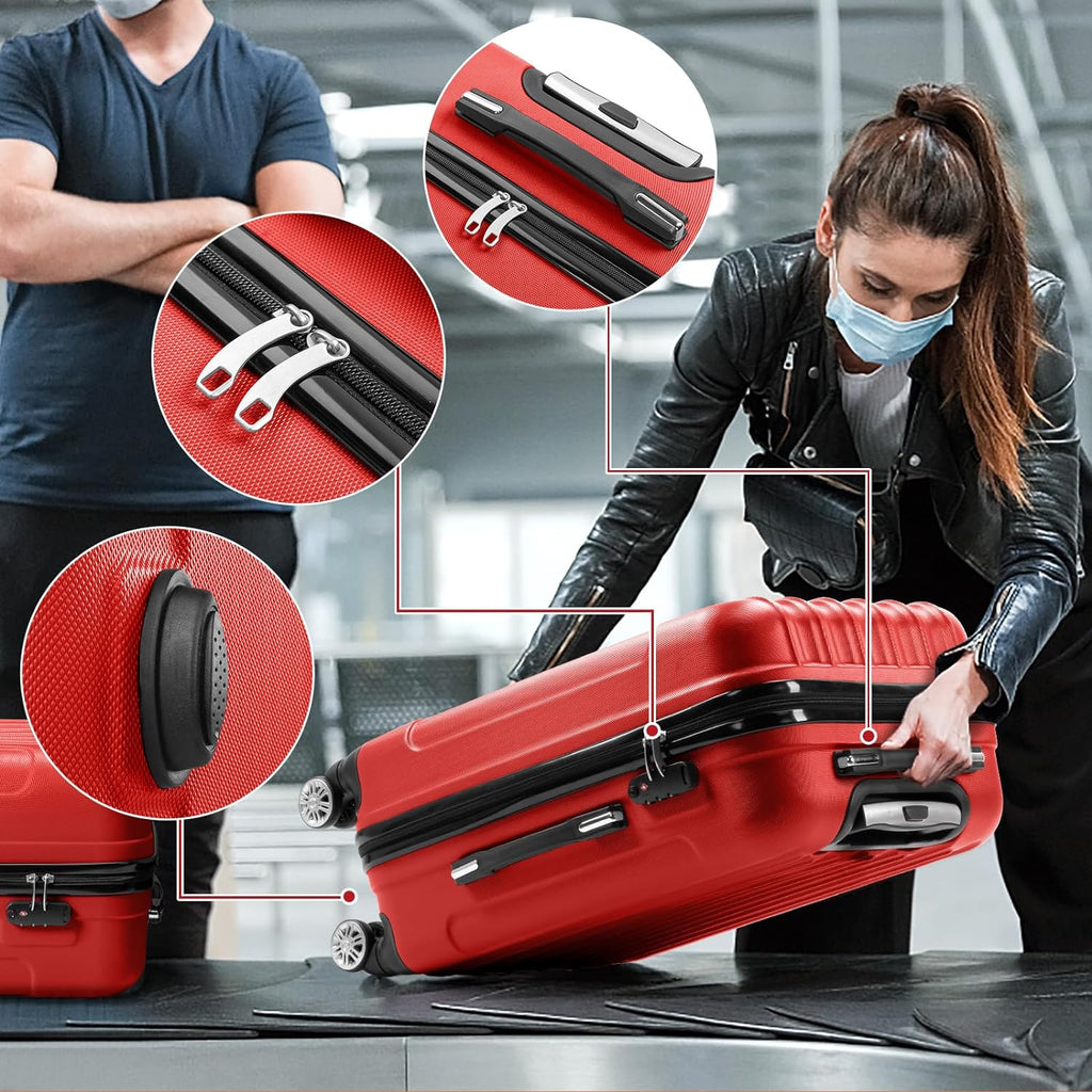 Business - Red (20/24/28)  Luggage Set of 3 Hardside Carry on Suitcase Sets with Spinner Wheels &  lock, Portable Lightweight  Luggages for Travel
