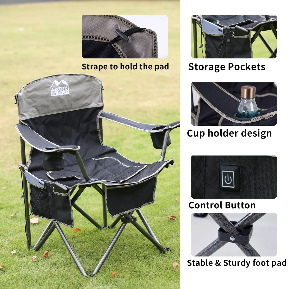M8TRX Outdoors Heated Camping Chair, Portable Chair w/ 5000mAH Power Bank, 3 Heat Levels,  Charging Port, Black