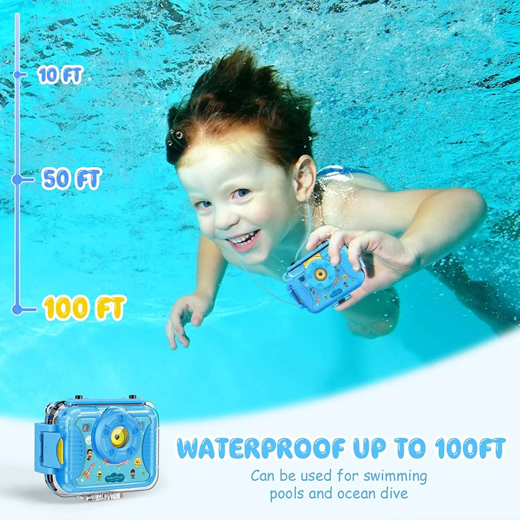 VanTop Junior K8 Kids Camera with 32GB Memory Card, Selfie 1080P Supported Waterproof Video Camera / 8MP 2.4 inch Large Screen, Fill Light, Face Recognition, 4 Games, Extra Kid-Proof Silicon Case Blue