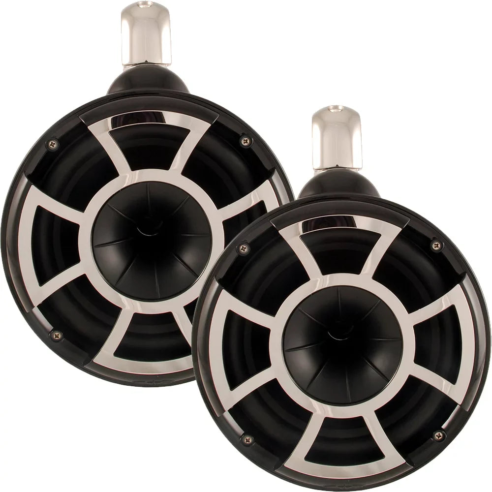Wet Sounds REV8B- 8" Black Tower Speakers with Stainless Steel Fixed Mini Clamps & -DX2.3 1200 Watt Amplifier