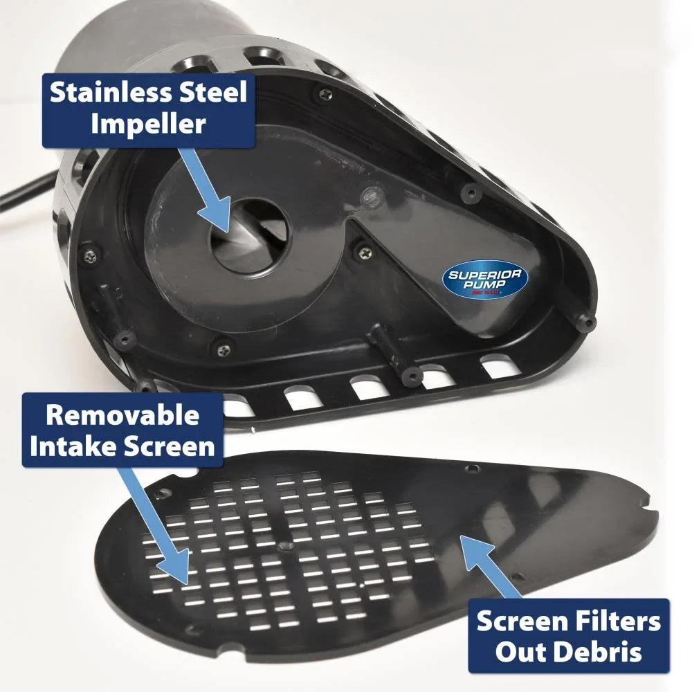 Superior Pump 92572 1/2  Thermoplastic Submersible Water Sump Pump with Vertical Float Switch, Black