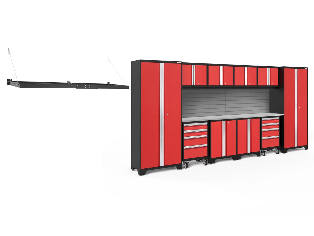 NewAge Products Bold Series Red 13 Piece Cabinet Set, Heavy Duty 24-Gauge Steel Garage Storage System, Slatwall / Wall Mounted Shelf Included