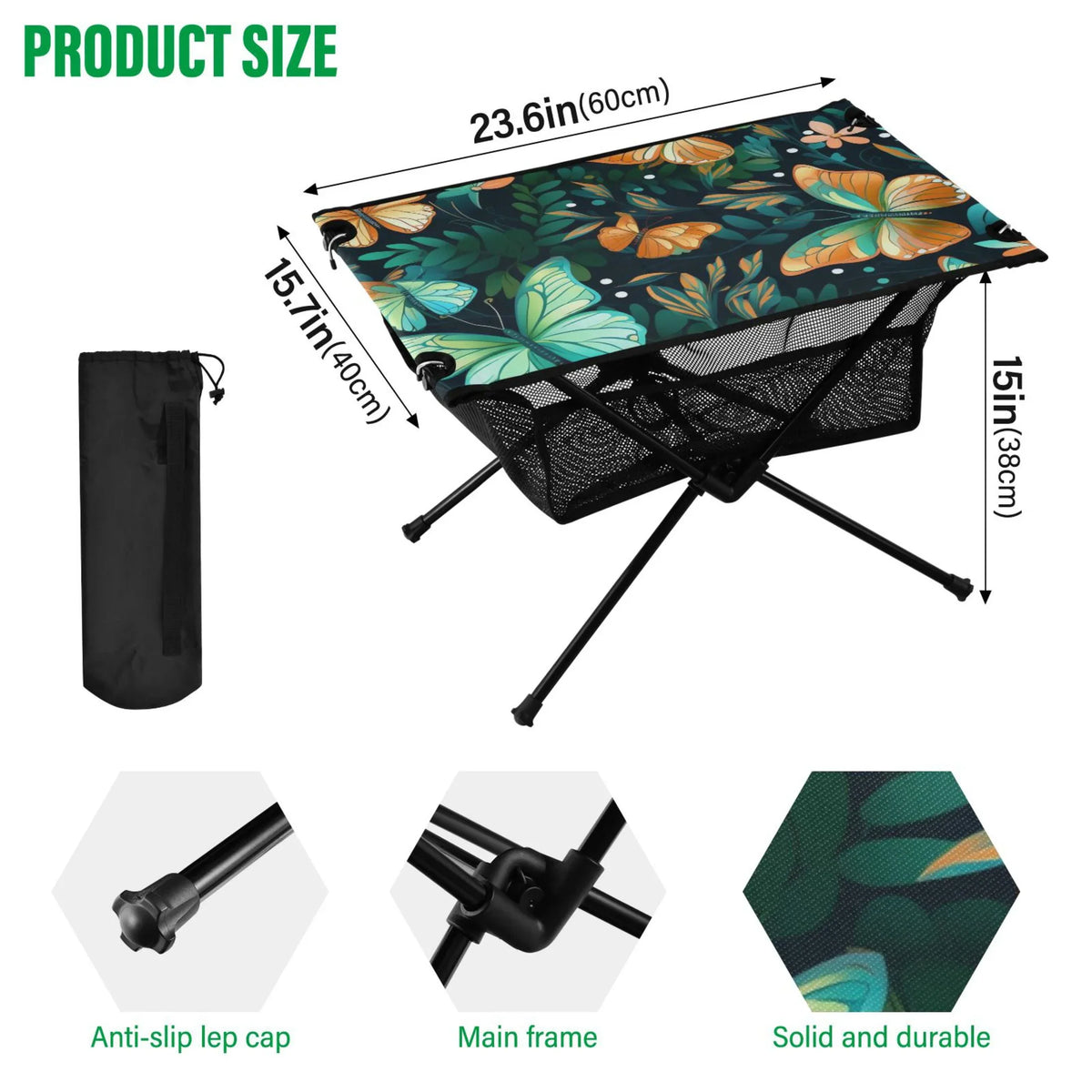 Butterfly Floral Leave Camping Folding Table Portable Beach Table with Storage Bag Compact Picnic Table for Outdoor Travel Fishing