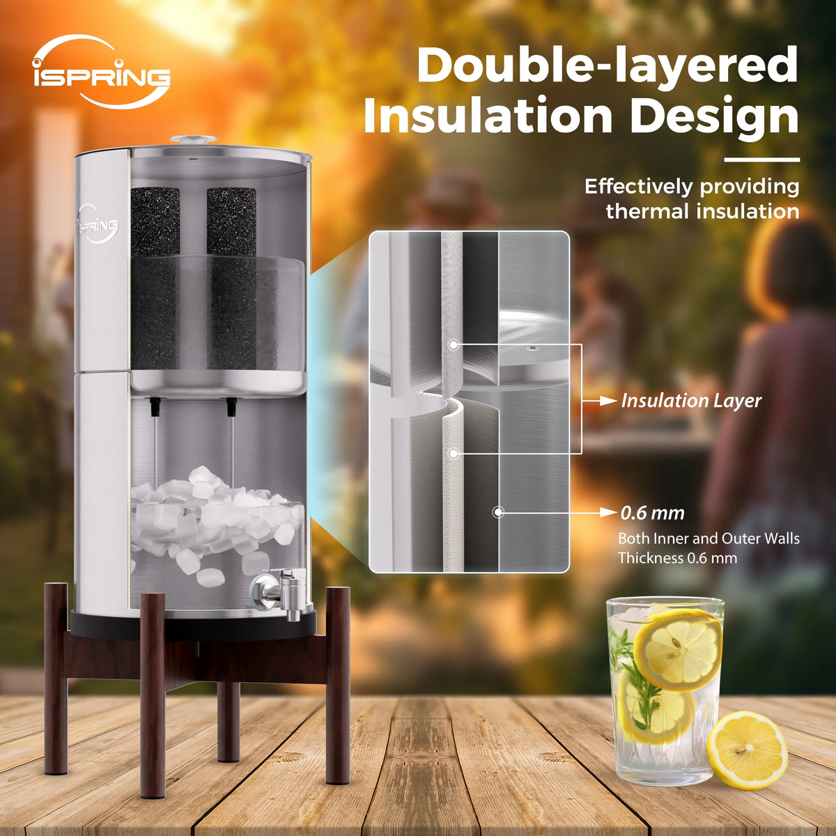 iSpring DGF2- Gravity-Fed Stainless Steel Countertop Water Filter System with Dark Wood Base,3.17 Gallons with 2 Activated Carbon Water Filters,Chlorine Reduction,Portable Water Filter