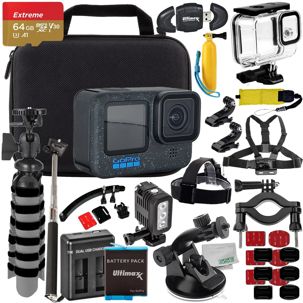 Ultimaxx Premium GoPro Hero 12 Bundle - Includes: 64GB Extreme microSD Memory Card, Replacement Battery, 40M Underwater  Light & Much More (30pc Bundle)