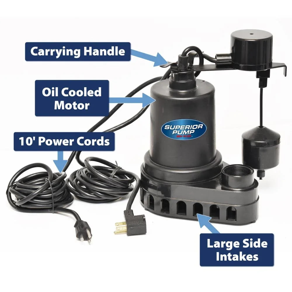 Superior Pump 92572 1/2  Thermoplastic Submersible Water Sump Pump with Vertical Float Switch, Black
