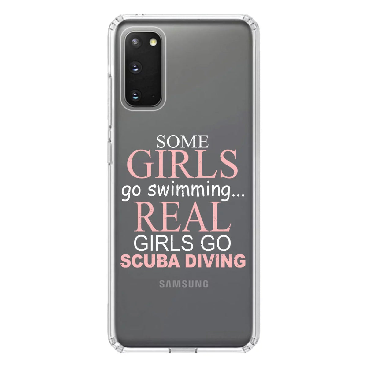 DistinctInk Clear Shockproof Hybrid Case for Galaxy S20  / 5G (6.7" Screen) -  Bumper Acrylic Back Tempered Glass Screen Protector - Real Girls Go Scuba Diving