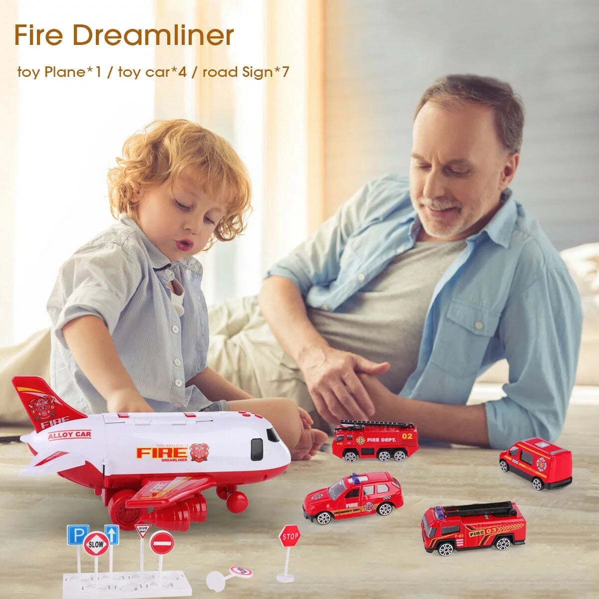Airplane Toy Fire Truck Playset with Music and Lights, Transformable Airplane Storage Cart, 3-6 Years Old Boys and Girls Birthday Christmas Gift (Red)
