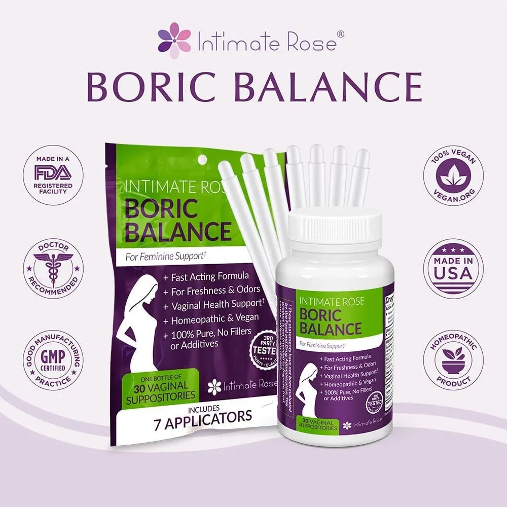 Intimate Rose Boric Acid Suppositories, pH Balance for Women, Boric Acid Vaginal Suppositories for Yeast Infection, Vaginitis, Bacterial Vaginosis, 90-Count (600mg) + 21 Applicators - 100% made in