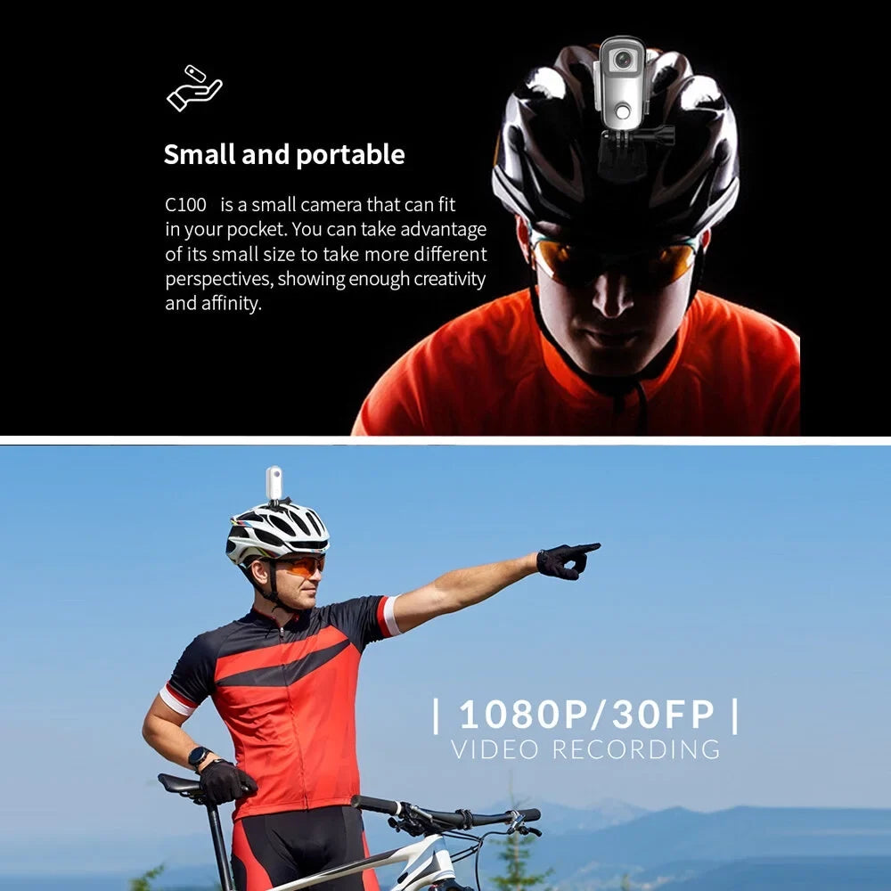 C100 Mini Action Camera 1080P/30fps Digital Video Camera 30M Waterproof Magnetic Body Built-in Battery WiFi Connection  Sharing with Waterproof Case Back Clip Lanyard