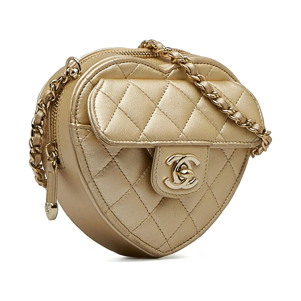Pre-Owned Authenticated Chanel Mini  in Love Heart Crossbody Lambskin Leather Gold Crossbody Bag Unisex (Good)