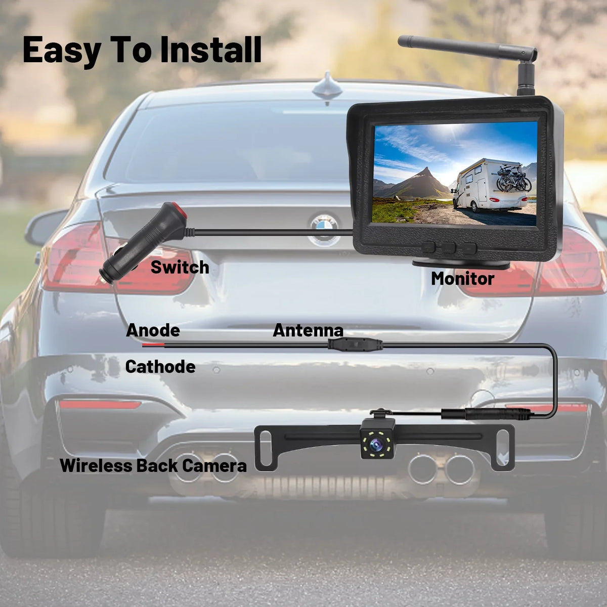 B-Qtech Wireless Backup Camera for Car, Waterproof Night Vision 170 Rear View Camera with 4.3""  Monitor for Truck,