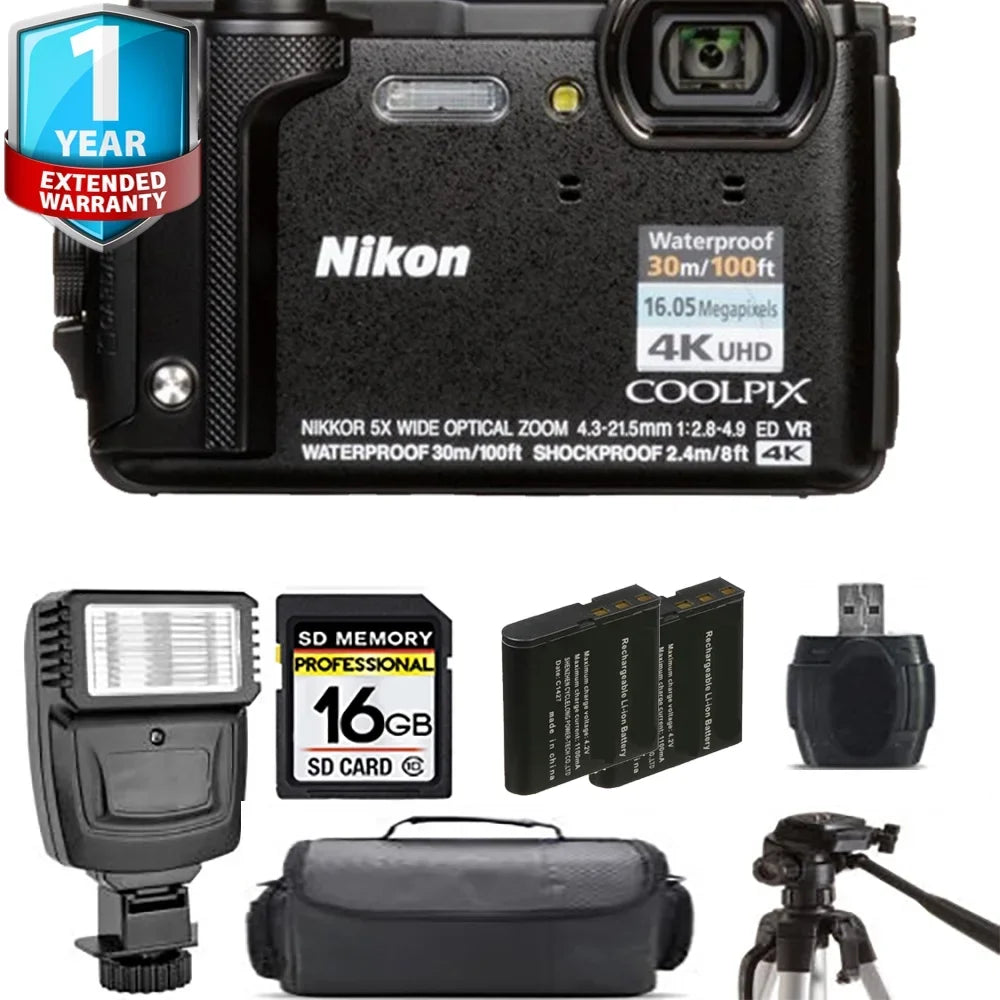 Nikon  W300 Camera (Black) + Extra Battery + Flash+ 1 Yr Warranty