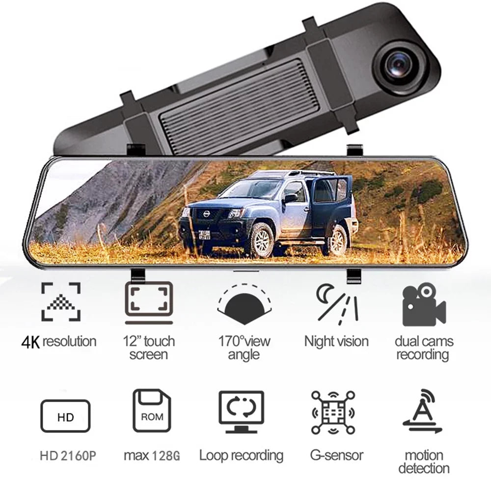 Paddsun 4K 12" Dash Cam Mirror  WiFi Voice Control Car Rear View Backup Dual Camera