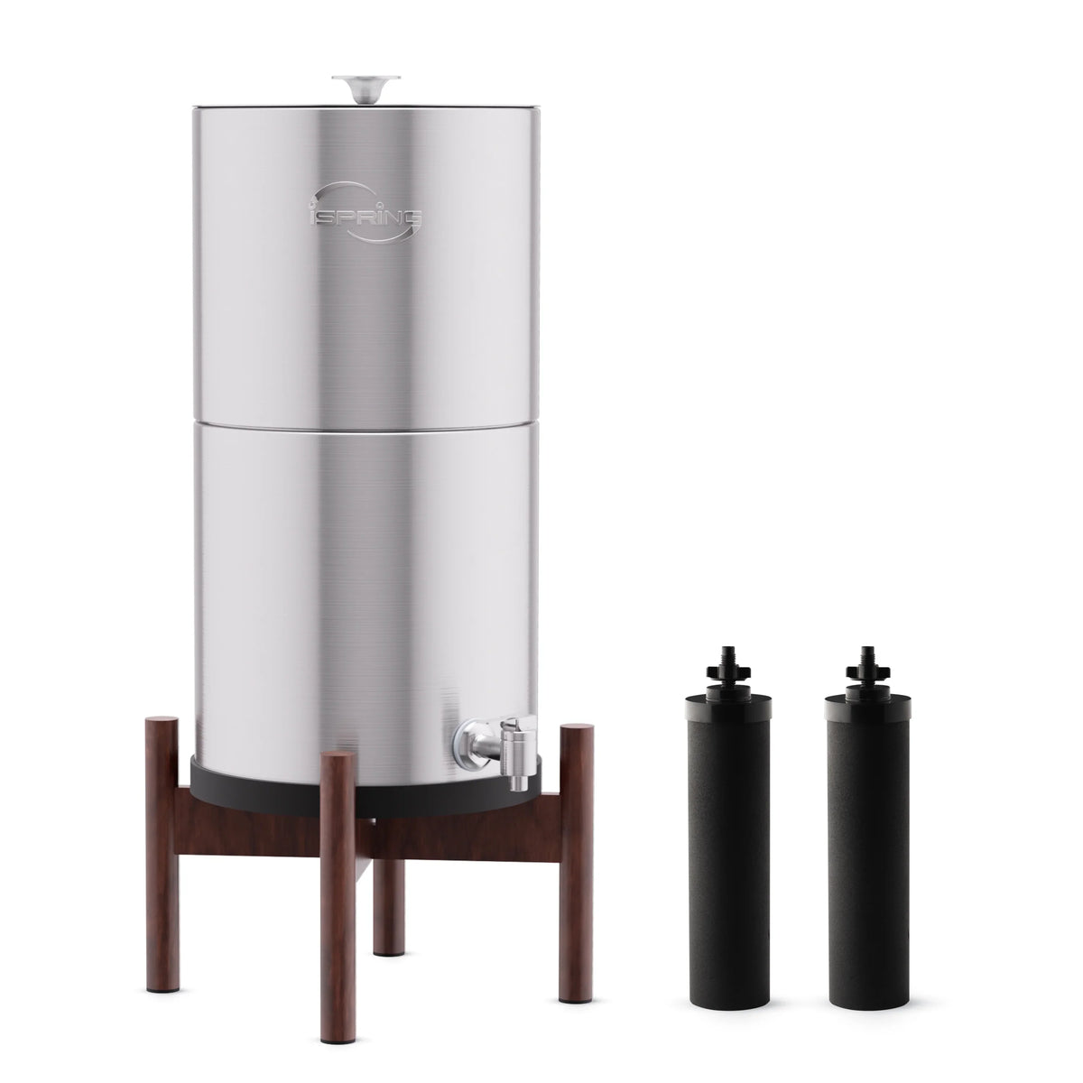 iSpring DGF2- Gravity-Fed Stainless Steel Countertop Water Filter System with Dark Wood Base,3.17 Gallons with 2 Activated Carbon Water Filters,Chlorine Reduction,Portable Water Filter
