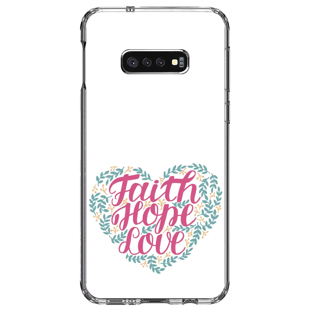 DistinctInk Clear Shockproof Hybrid Case for Samsung Galaxy S10e (5.8" Screen) -  Bumper, Acrylic Back, Tempered Glass Screen Protector - Faith / Hope / Love - Floral
