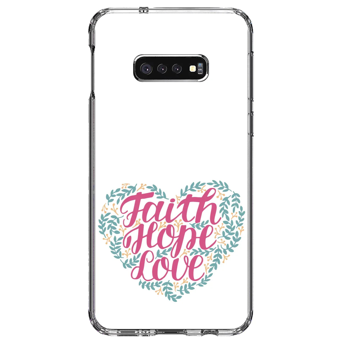 DistinctInk Clear Shockproof Hybrid Case for Samsung Galaxy S10e (5.8" Screen) -  Bumper, Acrylic Back, Tempered Glass Screen Protector - Faith / Hope / Love - Floral