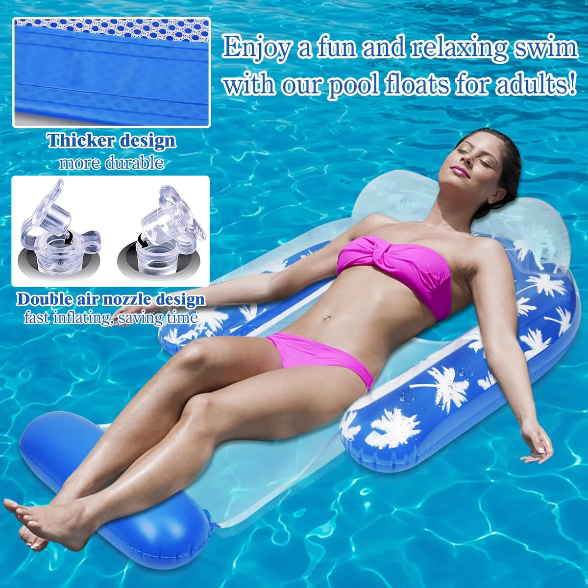 2 Pack Inflatable Pool Chair Float for Adults with Headrest Comfortable Contour Design Perfect for Relaxation, Pool Parties, and Beach Lounging