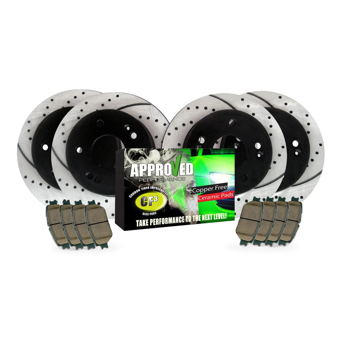Approved Performance C2486 Front & Rear Drilled & Slotted, Black Powder Coated Disc Brake Rotor & Pad Kit Fits 200, Compass, Patriot, Lancer, Caliber, Avenger, : With 302  (11.89") Rear Rotors