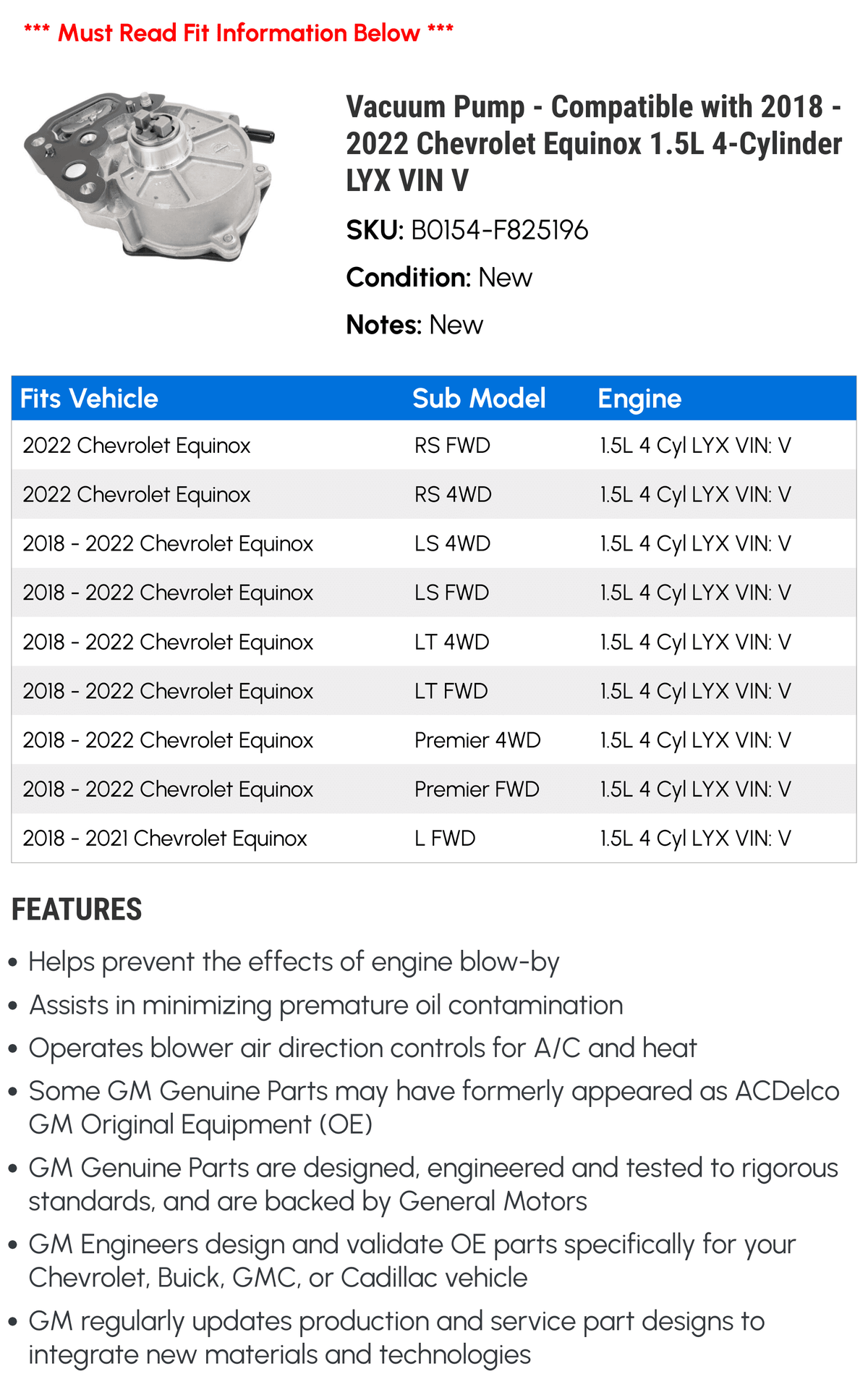 Vacuum Pump - Compatible with 2018 - 2022 Chevy Equinox 1.5L 4-Cylinder   V 2019 2020 2021