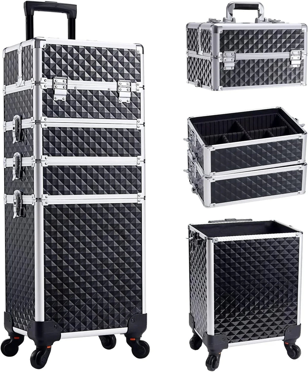 Joligrace 4 in 1 Aluminum Rolling Makeup Case with Wheels Cosmetic Train Case Trolley Box Salon Barber Case
