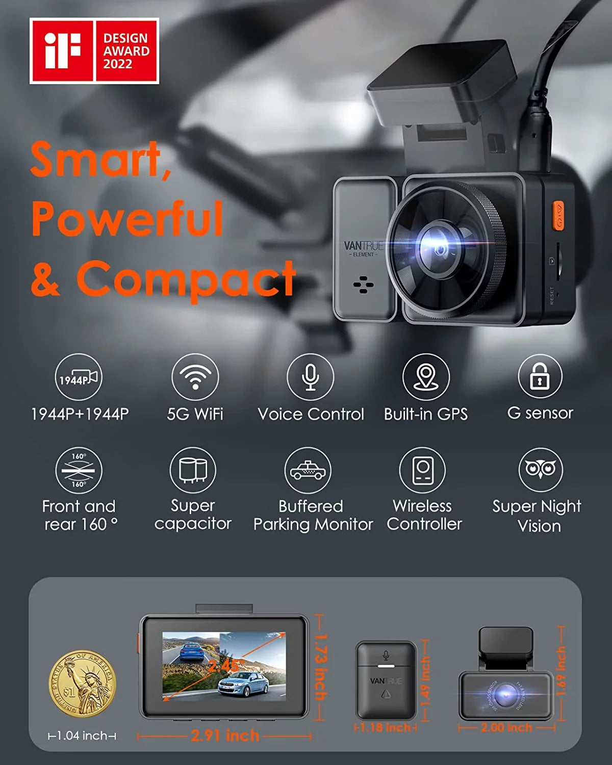 Vantrue E2 Dual 2.5K Front and Rear Dash Cam with 5G WiFi,  & Voice Control, 1944P+1944P Car Camera, 24hrs Buffered Parking Mode, Enhanced Night Vision, Motion Detection, Capacitor, Support 512GB