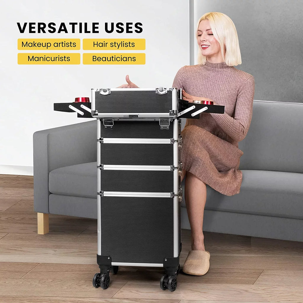 4 in 1 Makeup Rolling Train Case Aluminum Trolley Professional Cosmetic Organizer Box with Shoulder Straps 2 Keys Black(Cosmetic are not included)