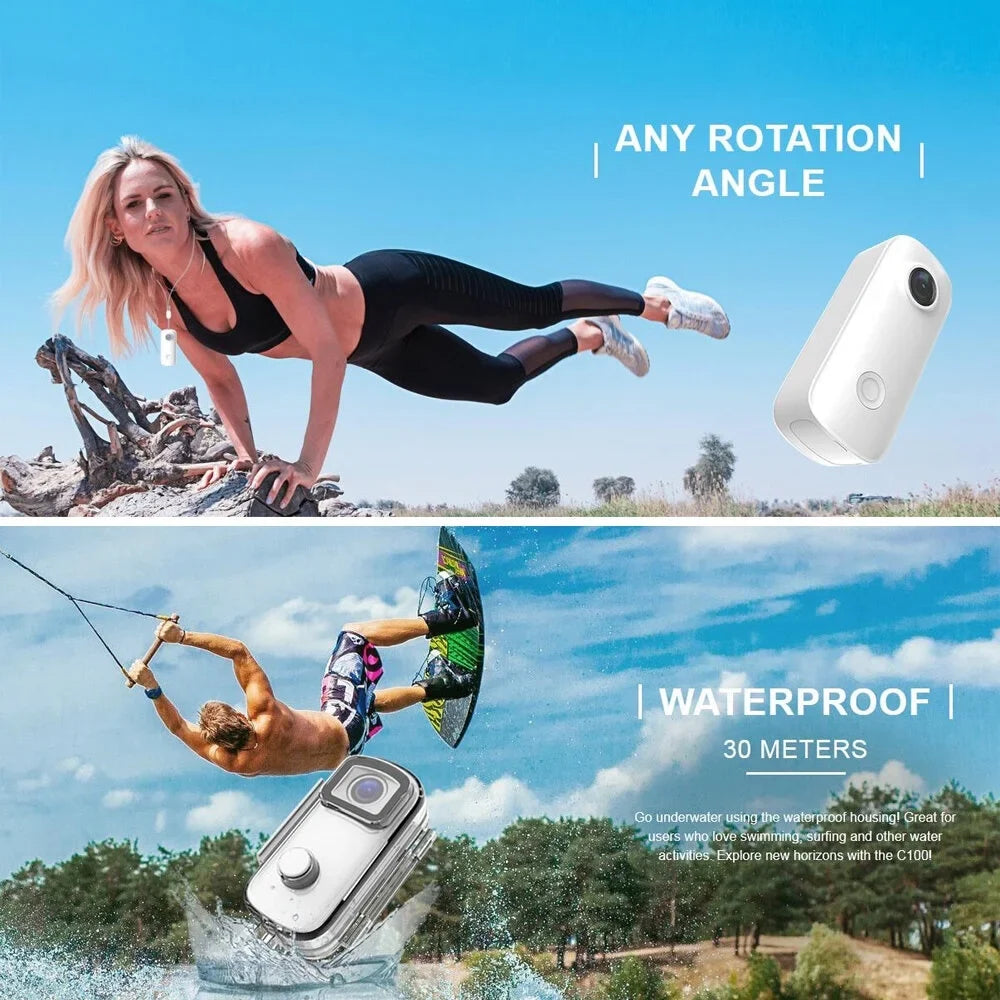 C100 Mini Action Camera 1080P/30fps Digital Video Camera 30M Waterproof Magnetic Body Built-in Battery WiFi Connection  Sharing with Waterproof Case Back Clip Lanyard