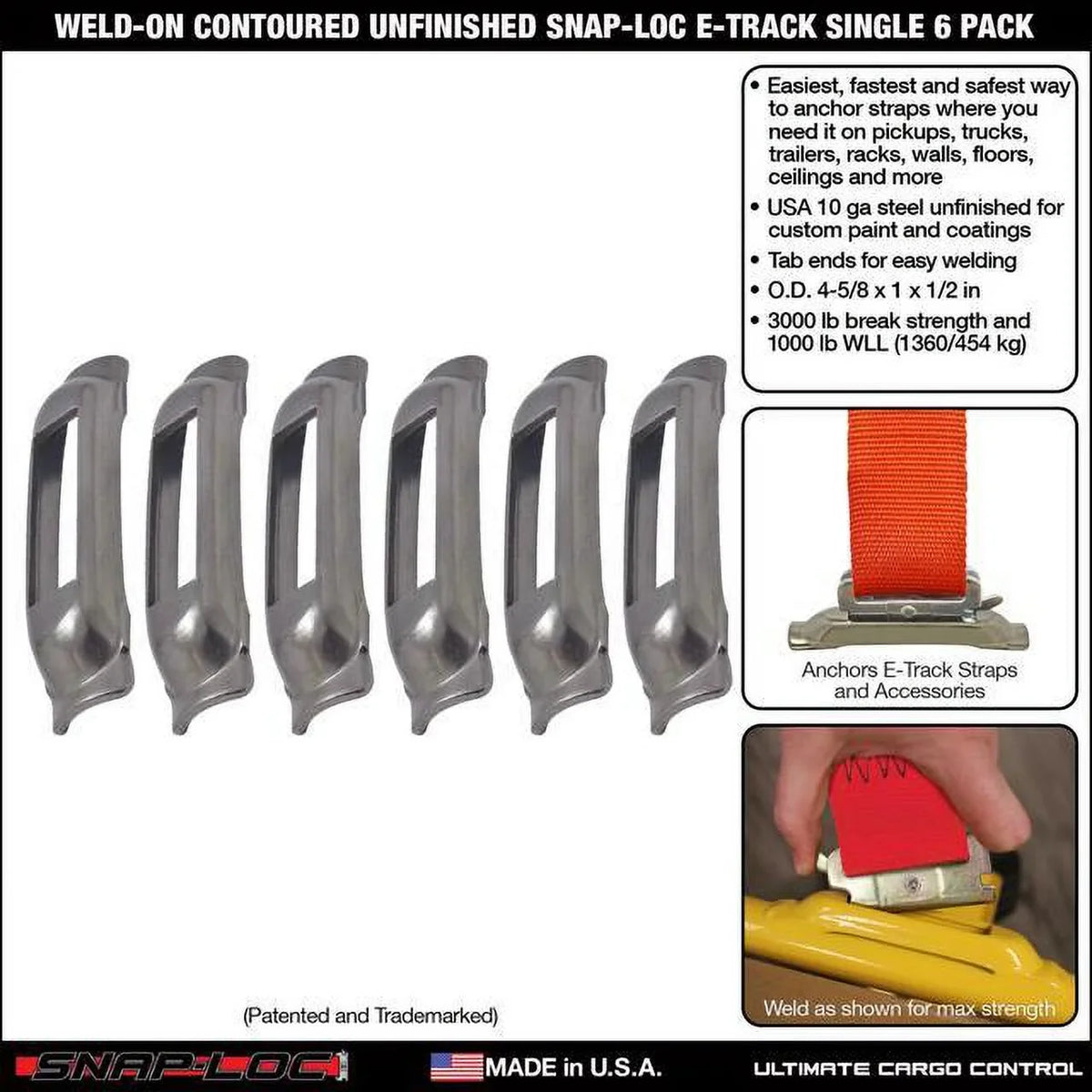 Weld-On Contoured Unfinished - E-Track Single Strap Anchor 6-Pack (zinc rust protection), Logistic Tie-Down for Pickups, Trucks, Trailers