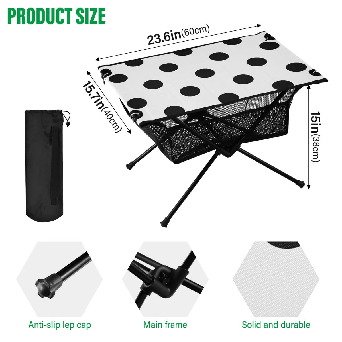Black Polka Dots Camping Foldable Portable Table Beach Table with Storage Bag Compact Picnic Table for Outdoor Hiking Fishing