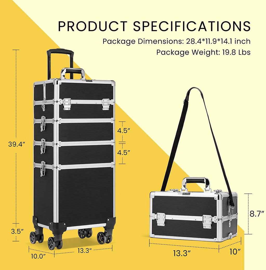 4 in 1 Makeup Rolling Train Case Aluminum Trolley Professional Cosmetic Organizer Box with Shoulder Straps 2 Keys Black(Cosmetic are not included)