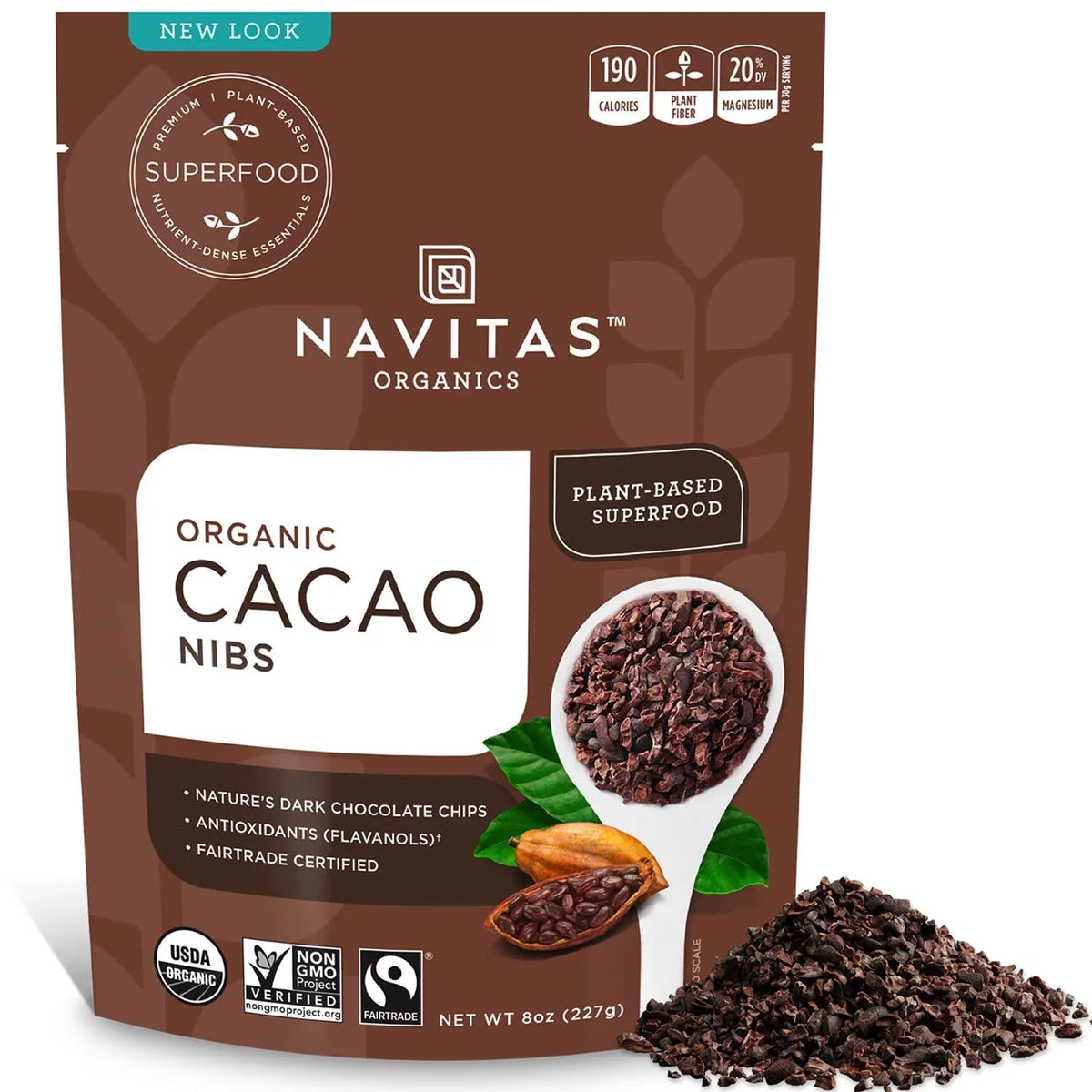 (Pack of 1) Navitas Organics Raw Cacao Nibs 8 oz. Bag 8 Servings Organic Non- Fair Trade Gluten-Free