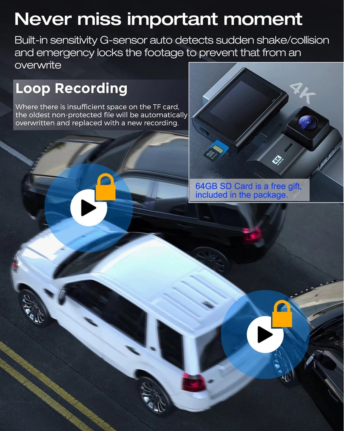 4K Front and Rear Dash Cam for Cars, Dual Dash Cam with  Card, 2 Inch Dash Camera with  , Night Vision, Loop Recording, Parking Mode, Wide Angle, 64GB  Card Included