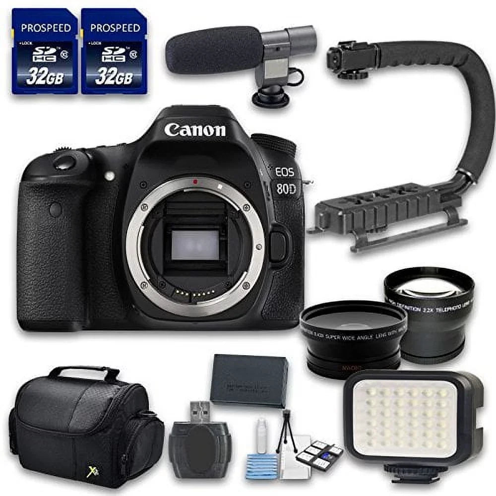 Canon  80D  Camera Bundle (Body Only)w/ Wideangle&Telephoto Lenses| Light+2  32 Cards|Microphone|Case|X-Grip|Starter Bundle